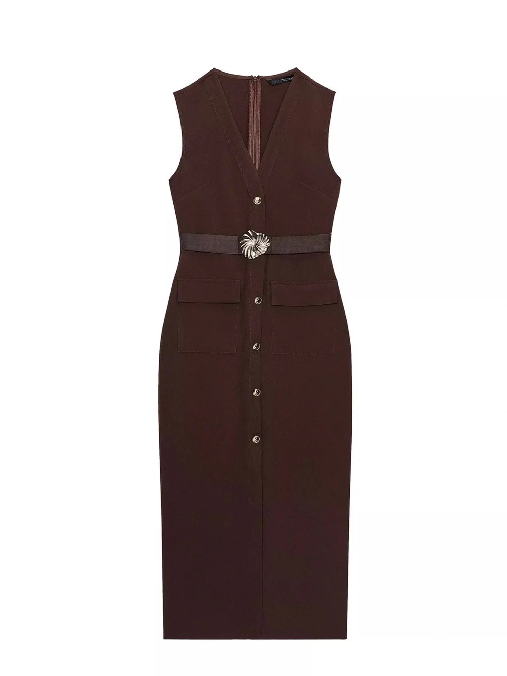 Zara Chocolate Brown Sleeveless Midi Dress with Decorative Buckle - Picture 1 of 1